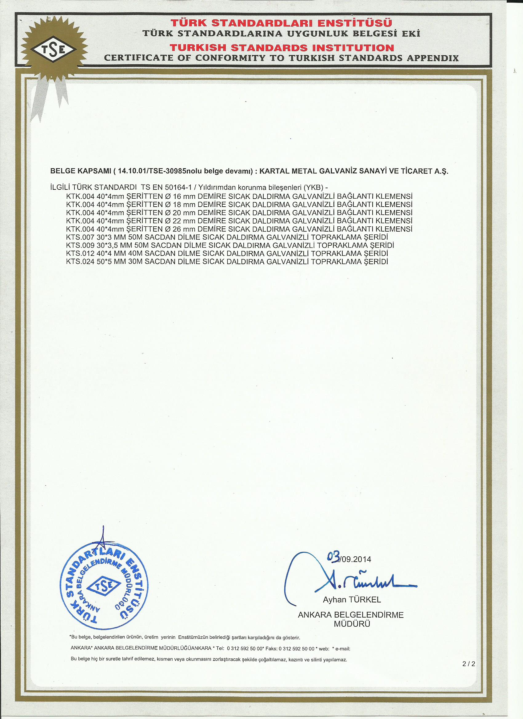 TS EN 50164-2 Sertfikası